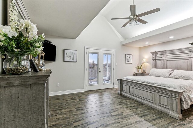 bedroom with ceiling fan, access to exterior, high vaulted ceiling, dark hardwood / wood-style floors, and french doors