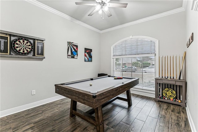 rec room featuring ornamental molding, dark hardwood / wood-style floors, ceiling fan, and billiards