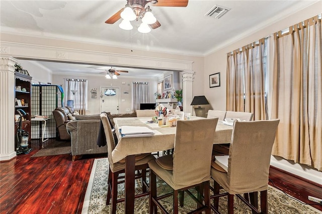 dining space with hardwood / wood-style flooring, ceiling fan, and ornamental molding