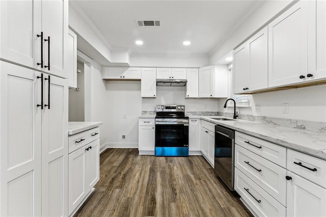 kitchen featuring white cabinets, sink, dishwashing machine, and stainless steel electric range