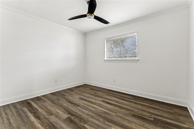 unfurnished room with ornamental molding, ceiling fan, and dark hardwood / wood-style flooring