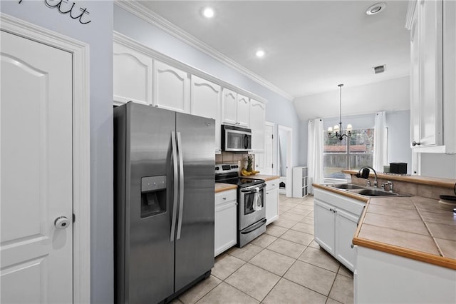 kitchen featuring sink, appliances with stainless steel finishes, white cabinetry, tile counters, and decorative light fixtures