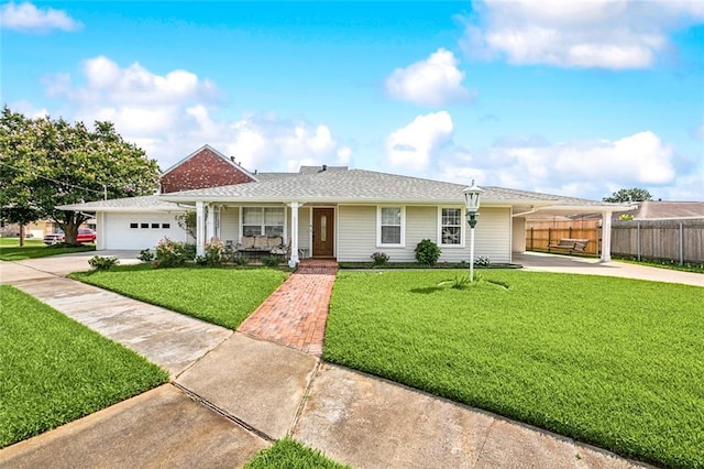 single story home featuring a front yard, fence, an attached garage, driveway, and an attached carport