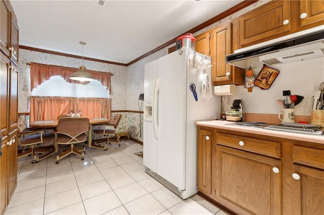 kitchen with ornamental molding, wallpapered walls, white fridge with ice dispenser, light countertops, and under cabinet range hood