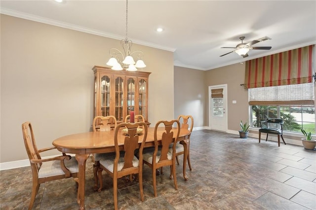 dining area featuring ornamental molding and ceiling fan with notable chandelier