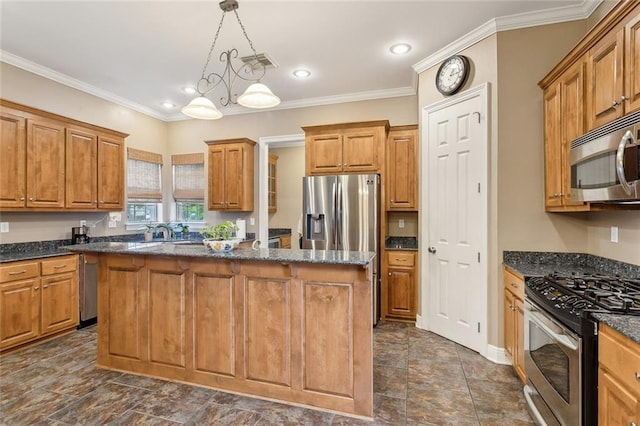 kitchen featuring a kitchen island, pendant lighting, dark stone counters, ornamental molding, and stainless steel appliances