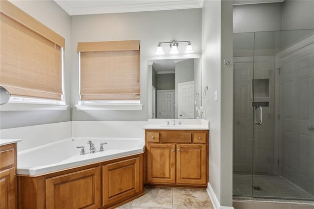 bathroom with ornamental molding, separate shower and tub, and vanity