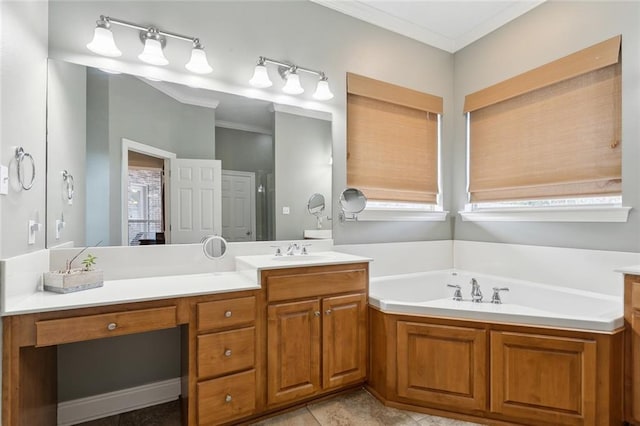 full bath with tile patterned flooring, vanity, ornamental molding, and a garden tub