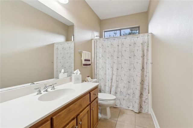 bathroom with tile patterned floors, curtained shower, toilet, and vanity