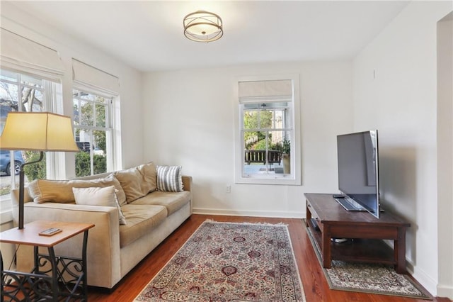 living room with dark hardwood / wood-style floors