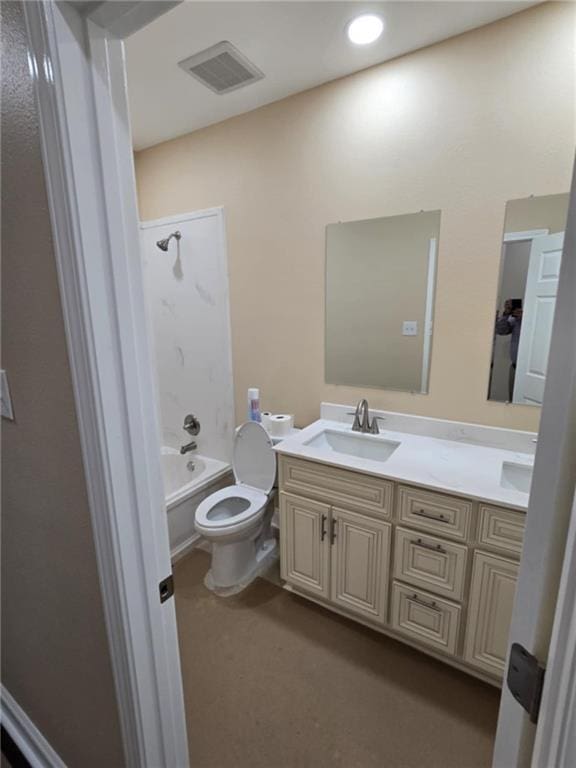 full bathroom featuring shower / tub combination, vanity, and toilet