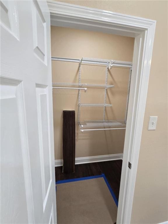 walk in closet with dark hardwood / wood-style flooring