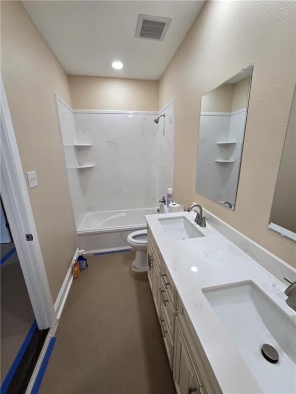 full bathroom with shower / bathtub combination, vanity, and toilet