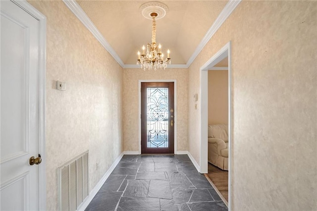 entrance foyer featuring vaulted ceiling, a notable chandelier, and crown molding