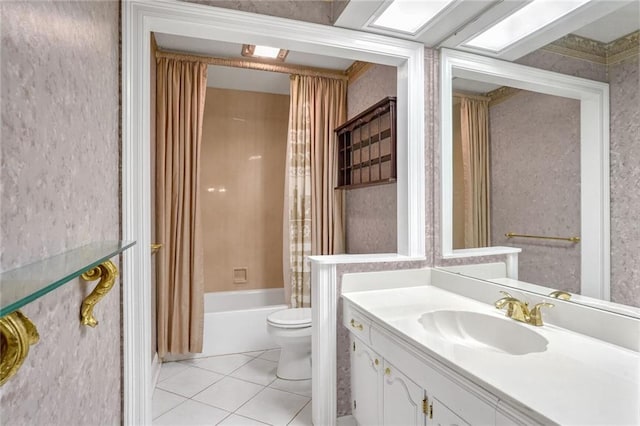 full bathroom with tile patterned floors, toilet, shower / tub combo, and vanity