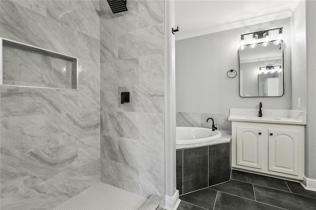 bathroom with tile patterned flooring, vanity, crown molding, and separate shower and tub