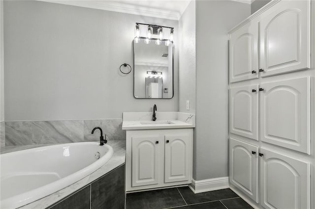 bathroom with vanity, tiled tub, tile patterned flooring, and crown molding