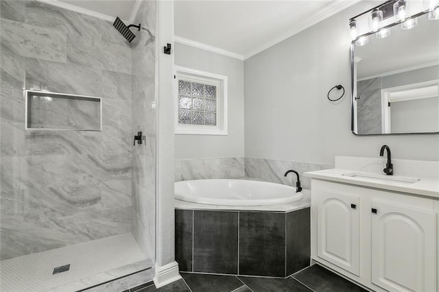 bathroom with ornamental molding, separate shower and tub, tile patterned flooring, and vanity