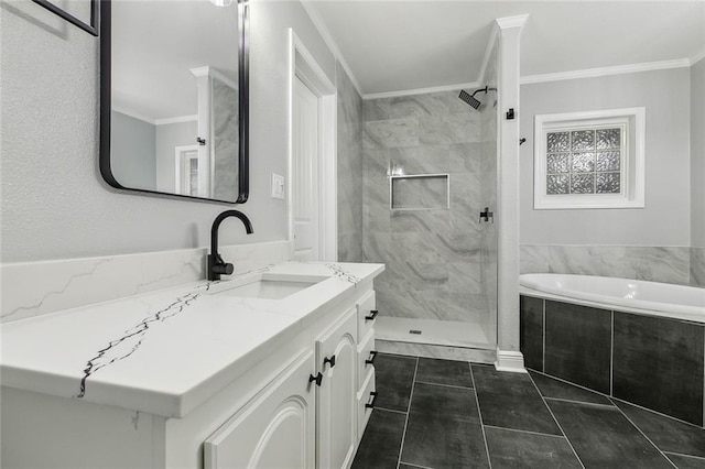 bathroom featuring tile patterned floors, ornamental molding, plus walk in shower, and vanity