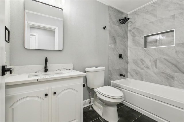 full bathroom with vanity, toilet, tiled shower / bath combo, and tile patterned flooring