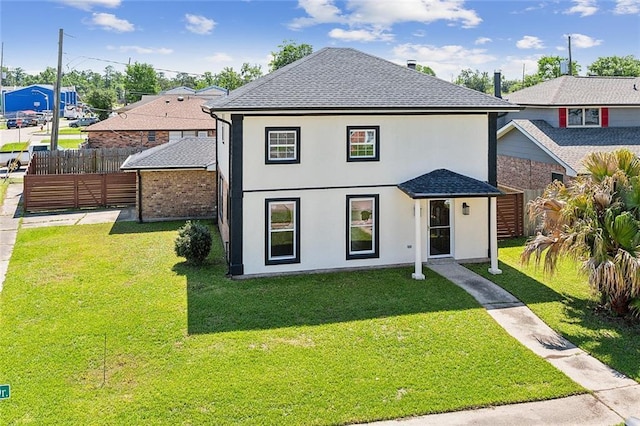 3028 Concordia St, La Place, LA 70068 - view of front of house with stucco siding, fence, a shingled roof, and a front lawn