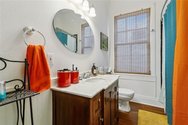 bathroom featuring vanity, hardwood / wood-style flooring, and toilet