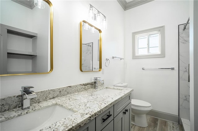 bathroom featuring vanity, hardwood / wood-style flooring, a shower, and toilet