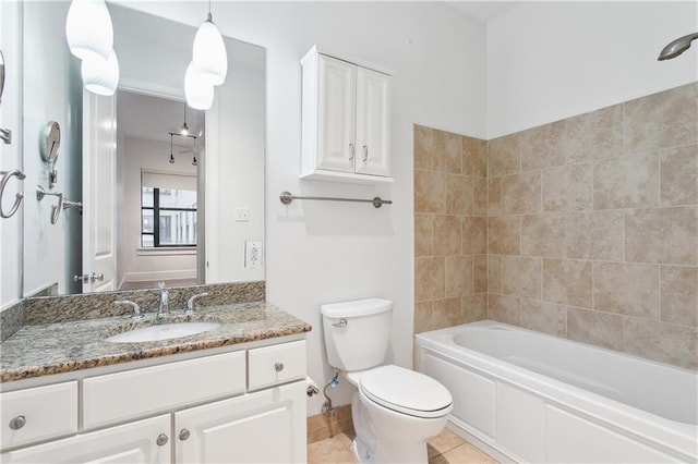 full bathroom with washtub / shower combination, vanity, toilet, and tile patterned flooring