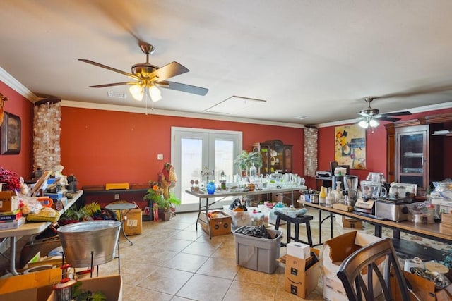 miscellaneous room with ceiling fan, ornamental molding, and light tile patterned floors