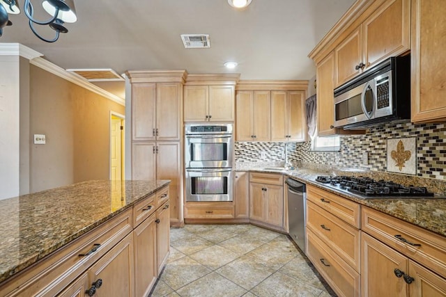 kitchen featuring tasteful backsplash, visible vents, dark stone counters, ornamental molding, and stainless steel appliances