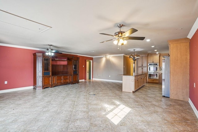 interior space with ceiling fan, baseboards, and crown molding