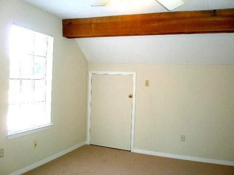 bonus room featuring lofted ceiling with beams and carpet flooring