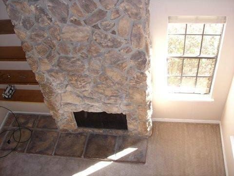 room details with a stone fireplace