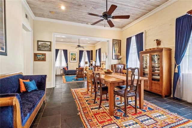 dining area with crown molding, a wealth of natural light, and wood ceiling