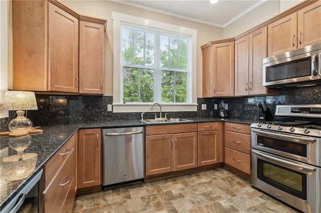 kitchen with appliances with stainless steel finishes, sink, backsplash, dark stone counters, and ornamental molding