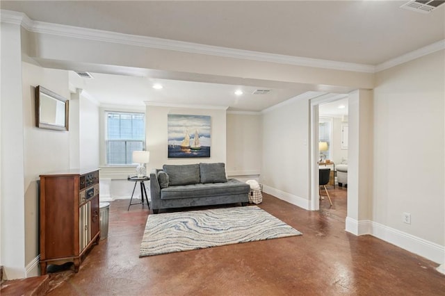 living room featuring crown molding