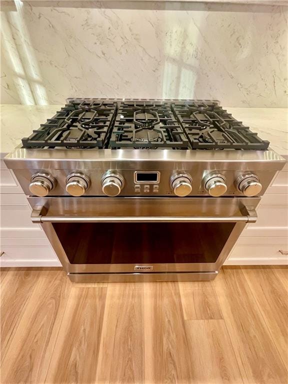 details with light stone counters, backsplash, and high end range