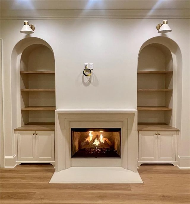 details with hardwood / wood-style flooring, ornamental molding, and built in shelves