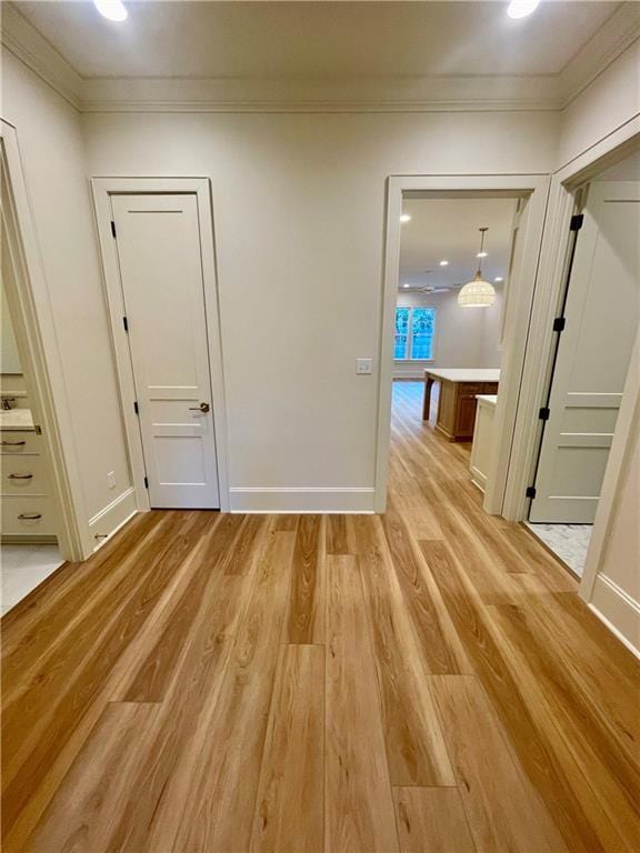 hall featuring light hardwood / wood-style flooring and ornamental molding