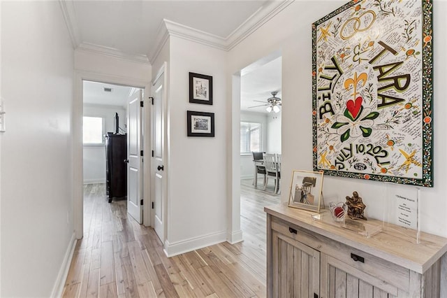 hall with crown molding, a healthy amount of sunlight, and light wood-type flooring