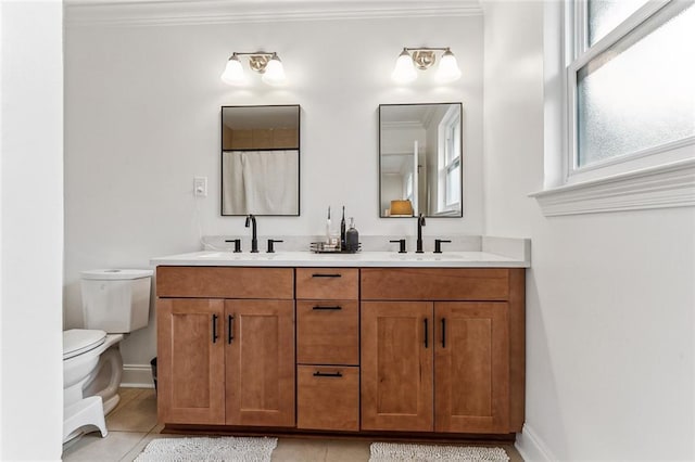 bathroom featuring vanity, ornamental molding, toilet, tile patterned floors, and a shower with shower curtain