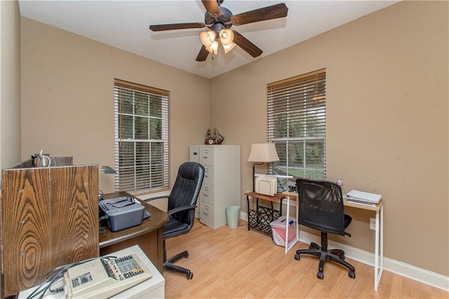 office space featuring light hardwood / wood-style flooring and ceiling fan