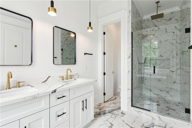 bathroom featuring crown molding, vanity, and walk in shower