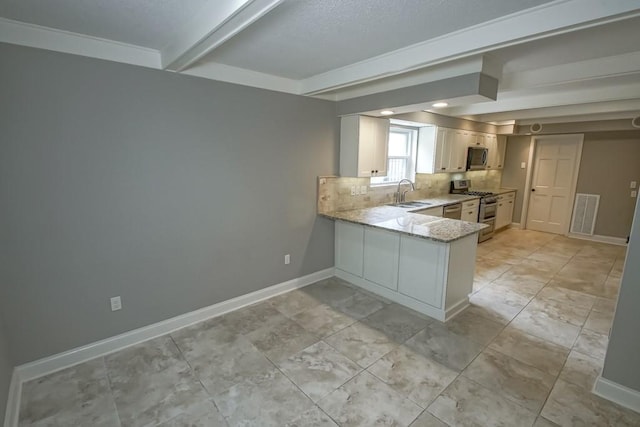 kitchen with sink, kitchen peninsula, stainless steel appliances, decorative backsplash, and white cabinets