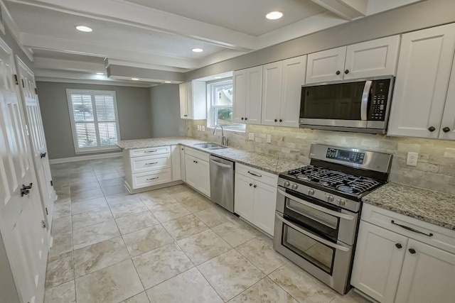 kitchen with white cabinetry, sink, kitchen peninsula, stainless steel appliances, and beam ceiling