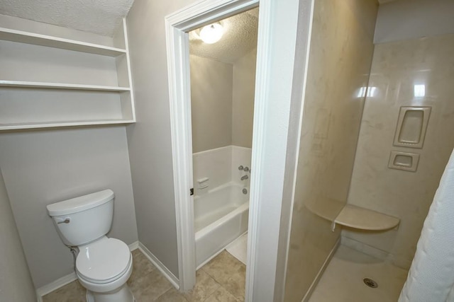 bathroom with toilet, separate shower and tub, tile patterned flooring, and a textured ceiling