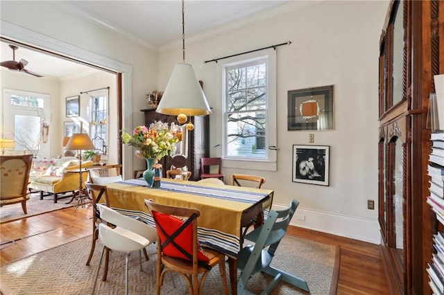 dining room featuring hardwood / wood-style flooring, ornamental molding, and a wealth of natural light