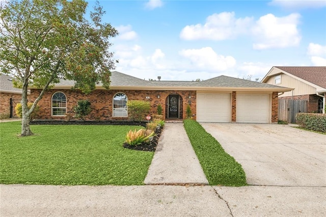 single story home featuring a garage and a front yard