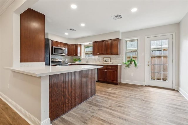 kitchen featuring sink, stainless steel appliances, decorative backsplash, kitchen peninsula, and light wood-type flooring