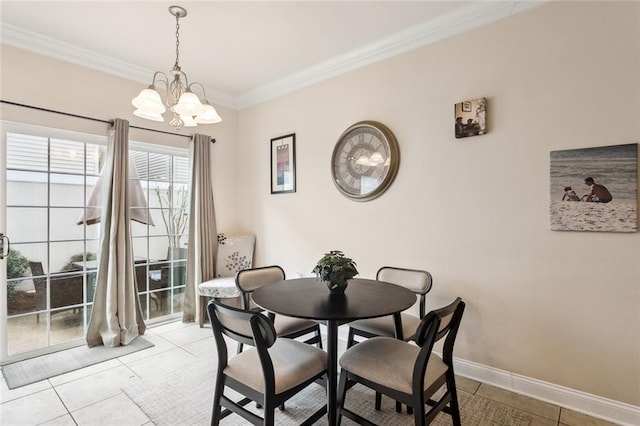 tiled dining space with crown molding and a chandelier